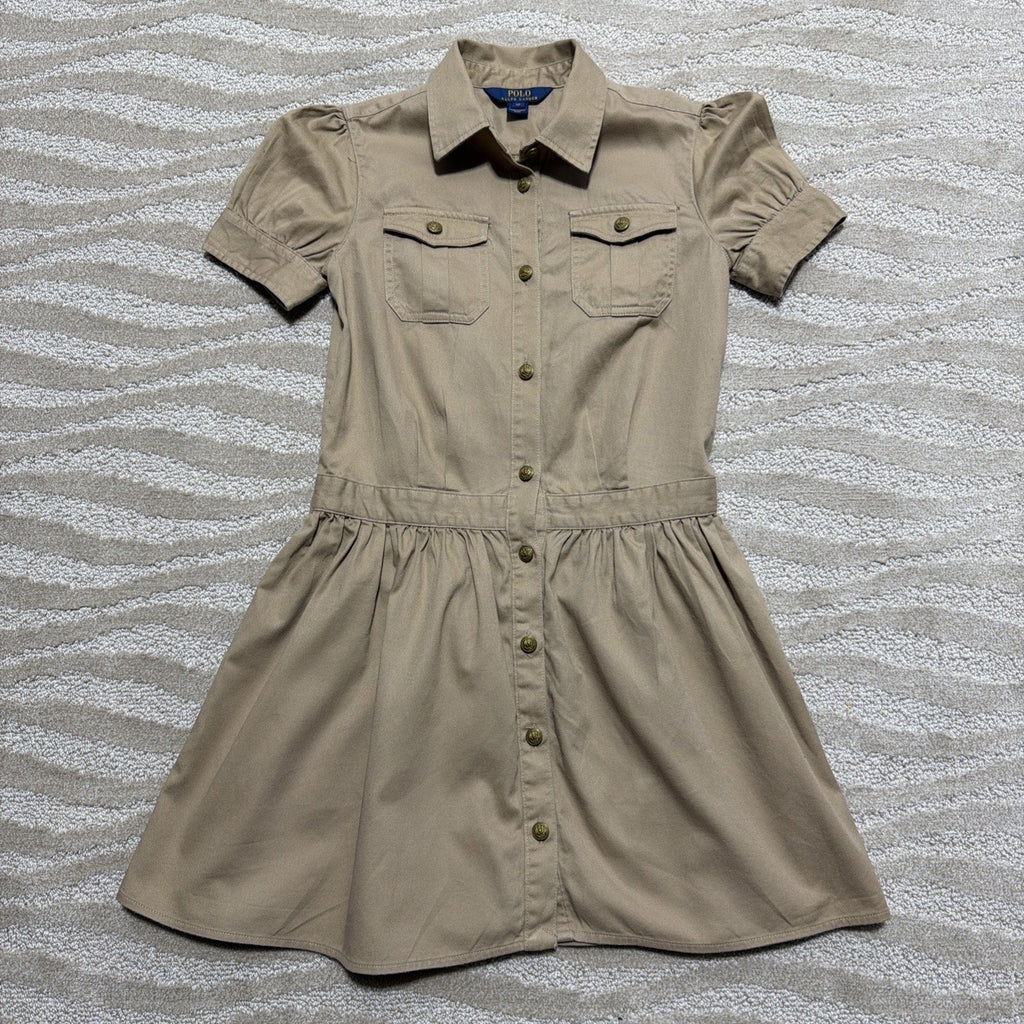 Polo Ralph Lauren Girls 12 Beige Solid Twill Collared Shirt Dress Button Front