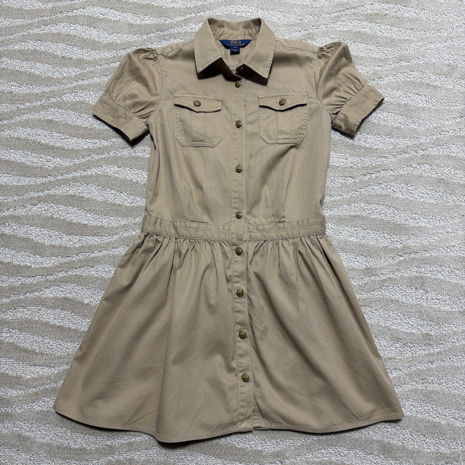 Polo Ralph Lauren Girls 12 Beige Solid Twill Collared Shirt Dress Button Front