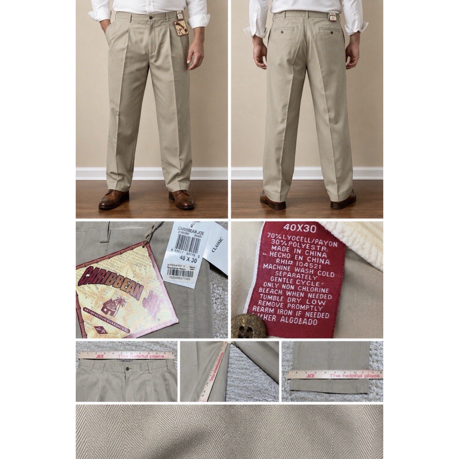 Caribbean Joe Beach Tan Men’s Pleated Bottom Cuffed Dress Pants 40x30 Beige NWT