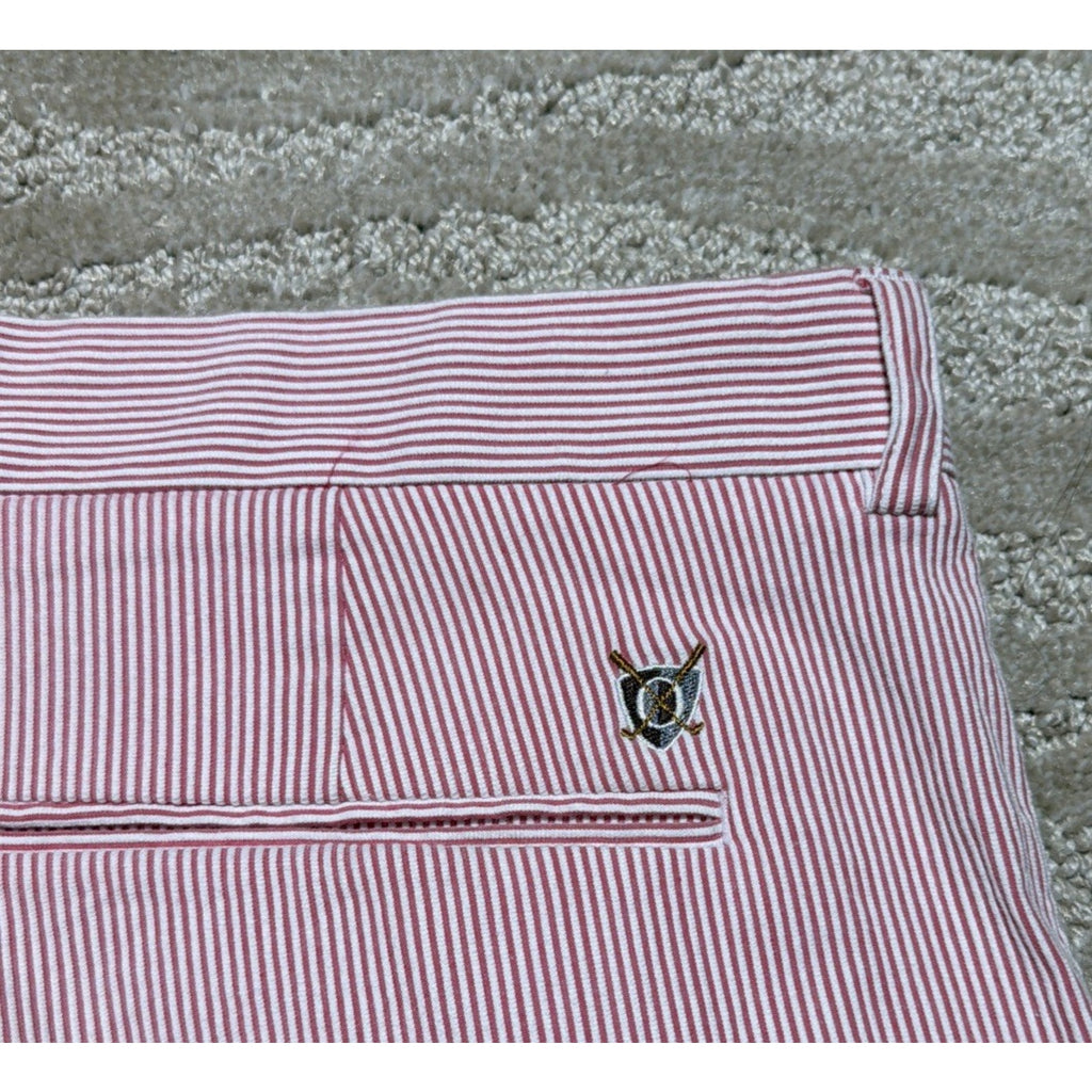 Oxford Golf Pink White Stripe Seersucker Chino Shorts Flat Front Stretch Sz 38