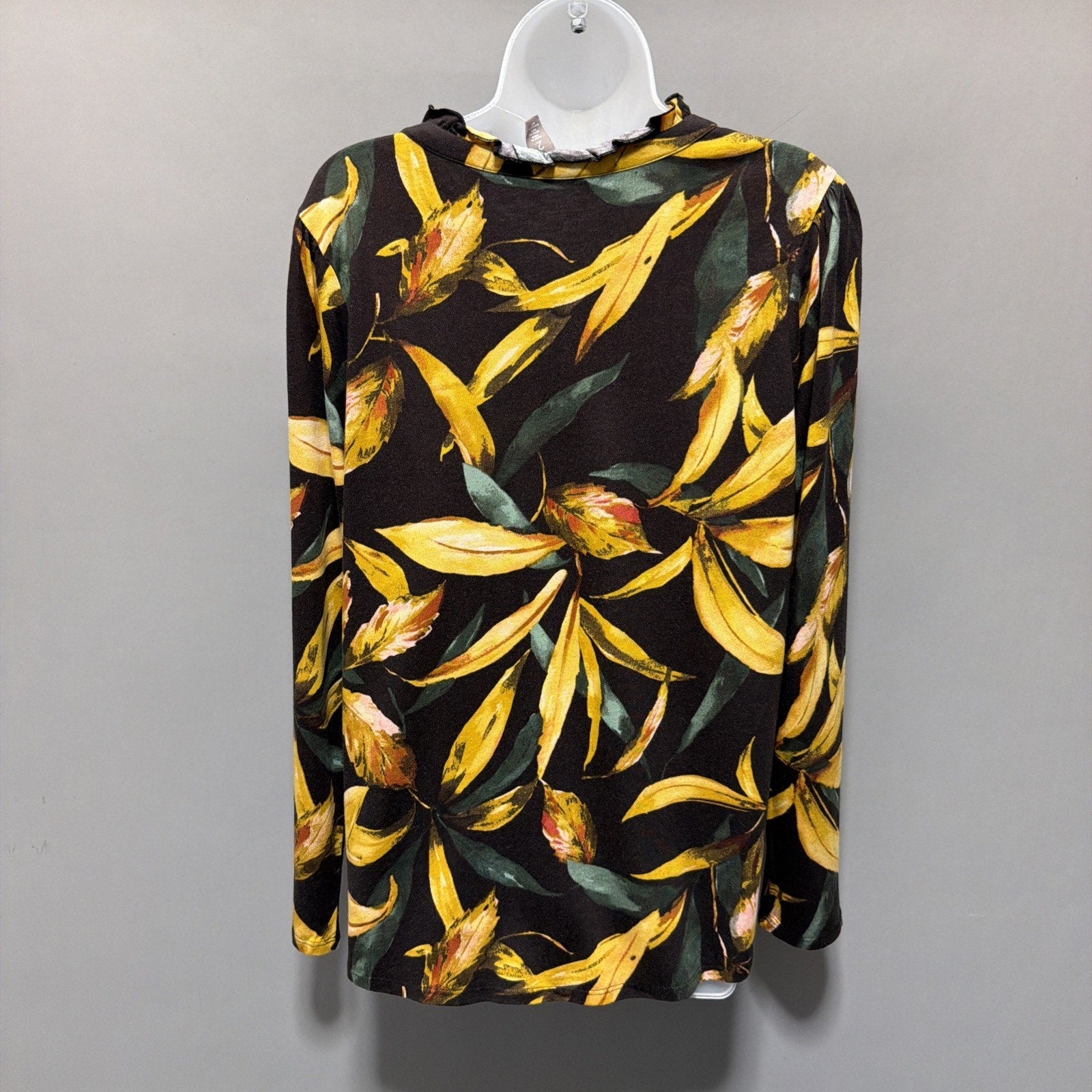 Chicos Top Womens 2 L Yellow Stretch Ruffle Neck Pullover Tropical Floral NWT