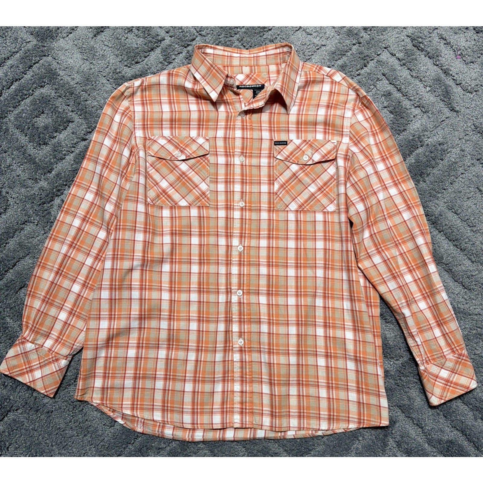 Vintage 90s Roca Wear Shirt Mens 2XL Orange Tartan Plaid LS Streetwear Hip Hop