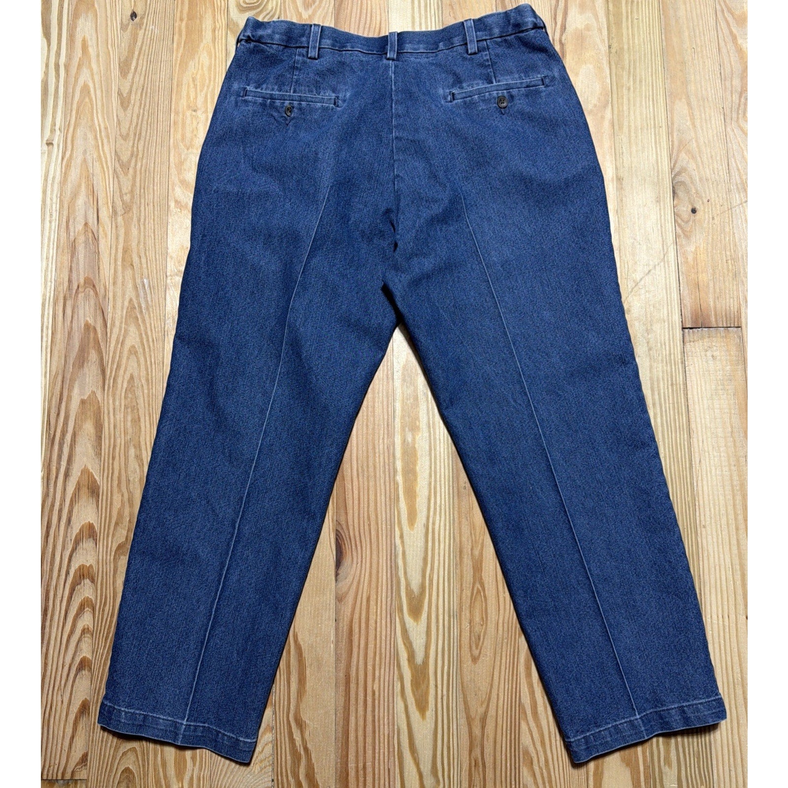 Haggar Premium Denim Trouser Dress Pants Blue Classic Fit Pleated 36x30 Stretch