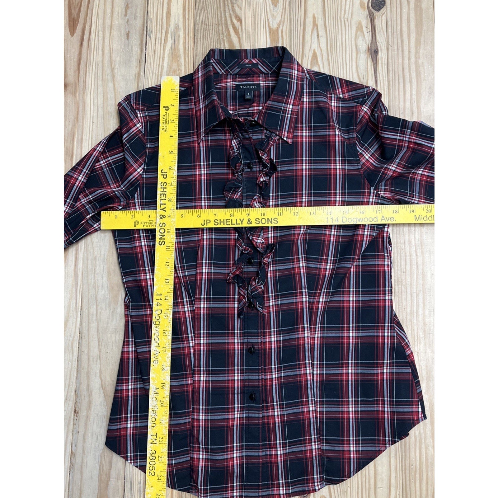 Talbots Black Red White Plaid Stretch Ruffle Button Down Blouse Size 6