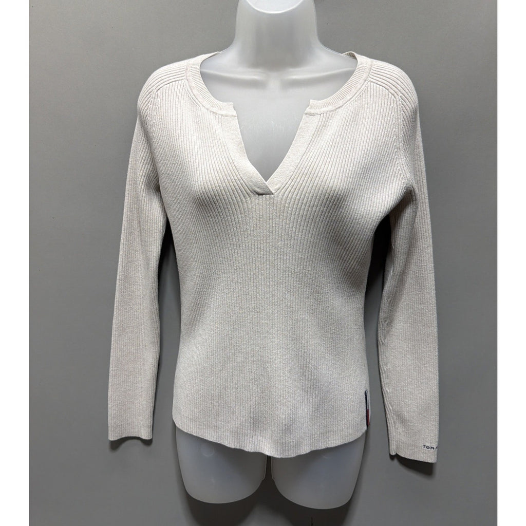 Tommy Hilfiger Jeans Ribbed Sweater Pullover V- Neck Women Beige Size Small