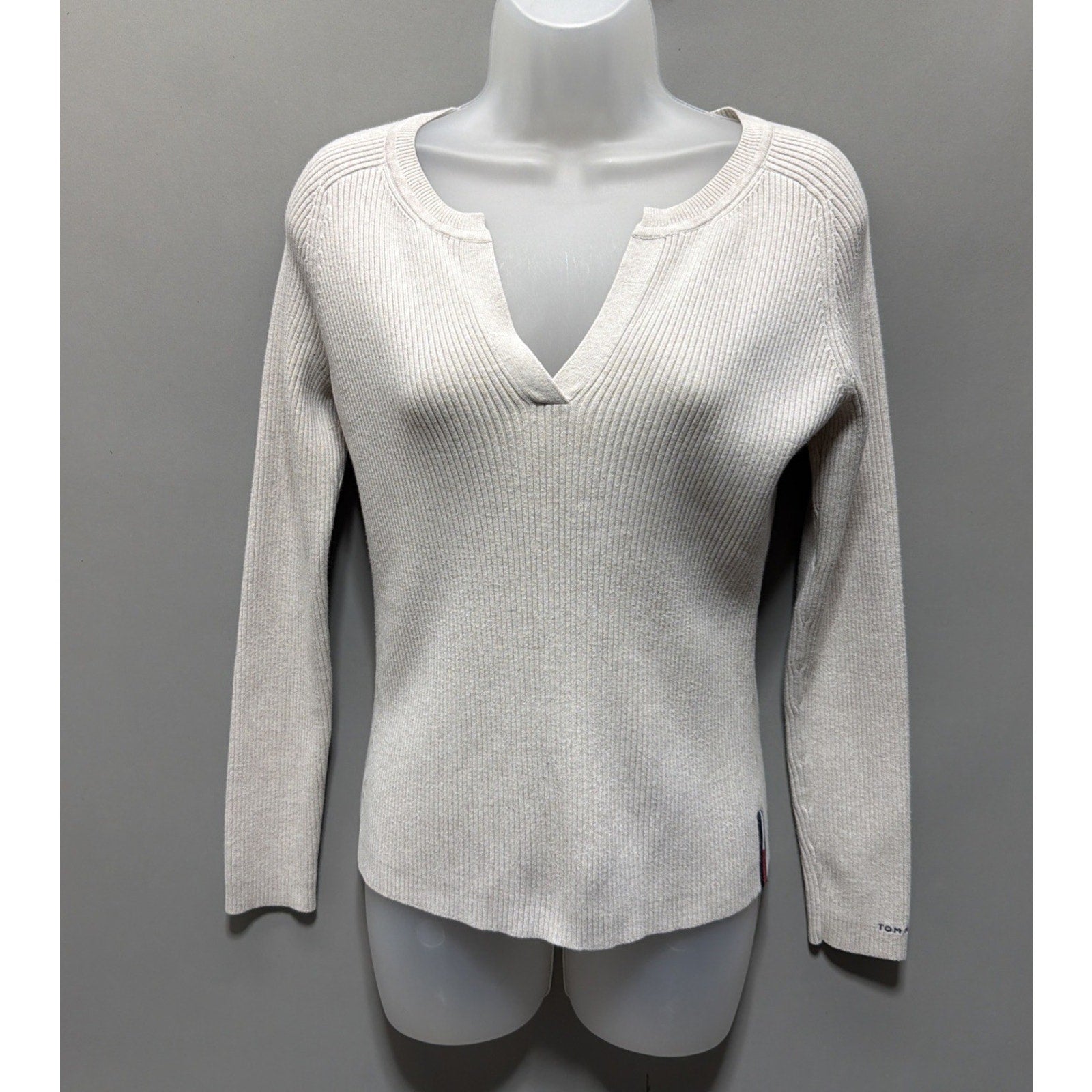 Tommy Hilfiger Jeans Ribbed Sweater Pullover V- Neck Women Beige Size Small