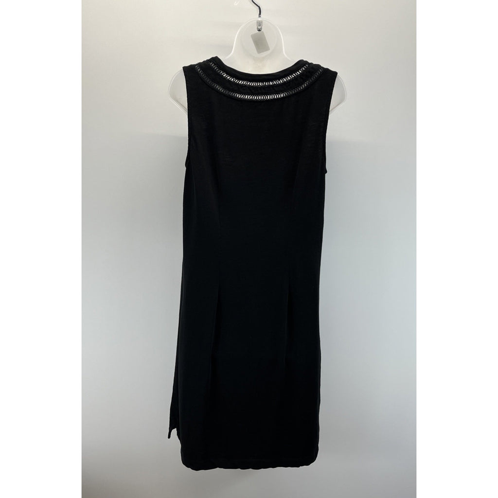 Talbots Black Slub Sleeveless Cotton Embroidered Trim Shift Dress Medium