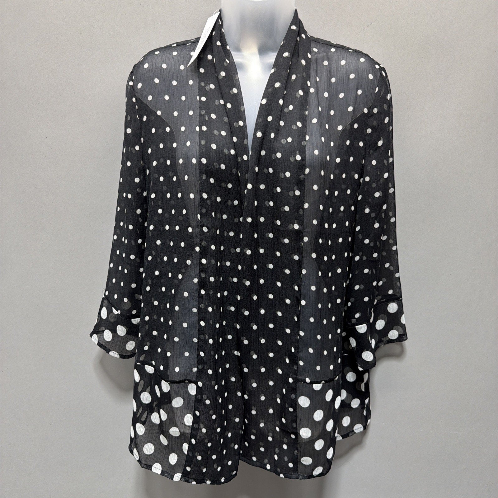 New Chicos Cardigan Top Sz O S Black White Polka Dot 3/4 Sleeve Open Front