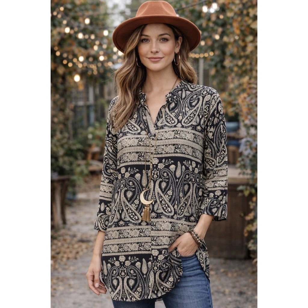 New BEPEI Womens Paisley All Over 3/4 Sleeve Tunic Blouse V Neck Size M Black