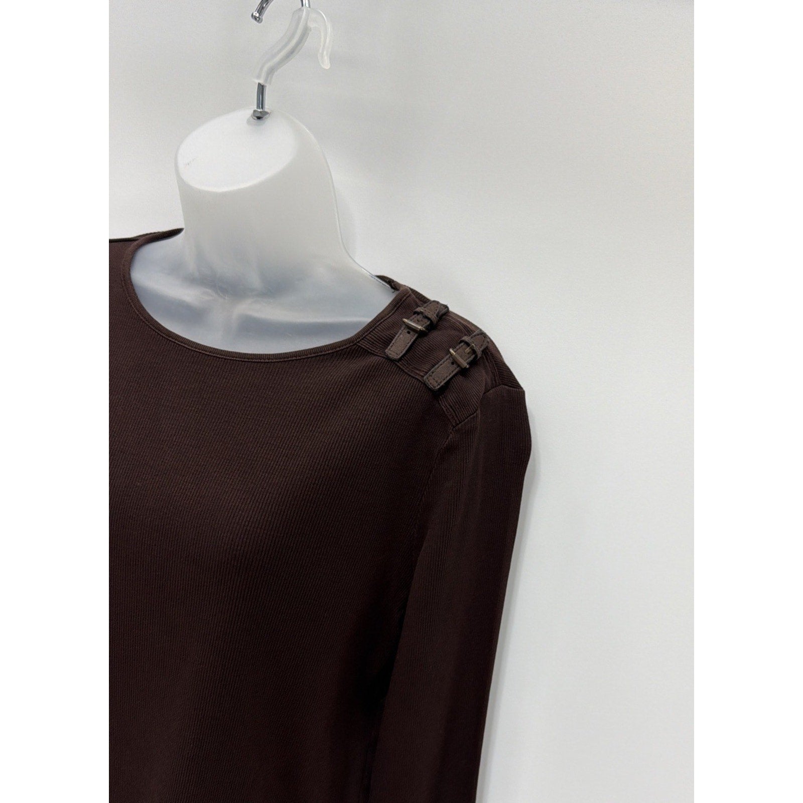 Ralph Lauren Brown Long Sleeve Leather Strap Shoulder Detail Ribbed Knit Top XL