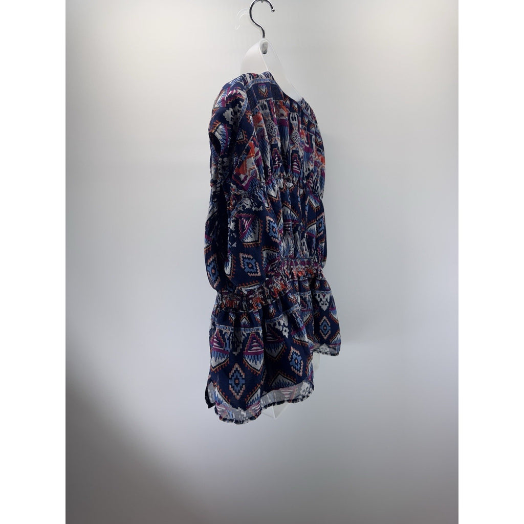 Old Navy Top Blue V-Neck Blouse Smocked Waist Cap Sleeve Geometric Women’s 2X