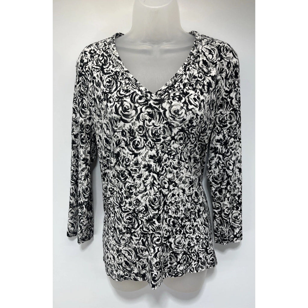 Talbots Women’s Size Large Black/White Floral Long Sleeve V-neck