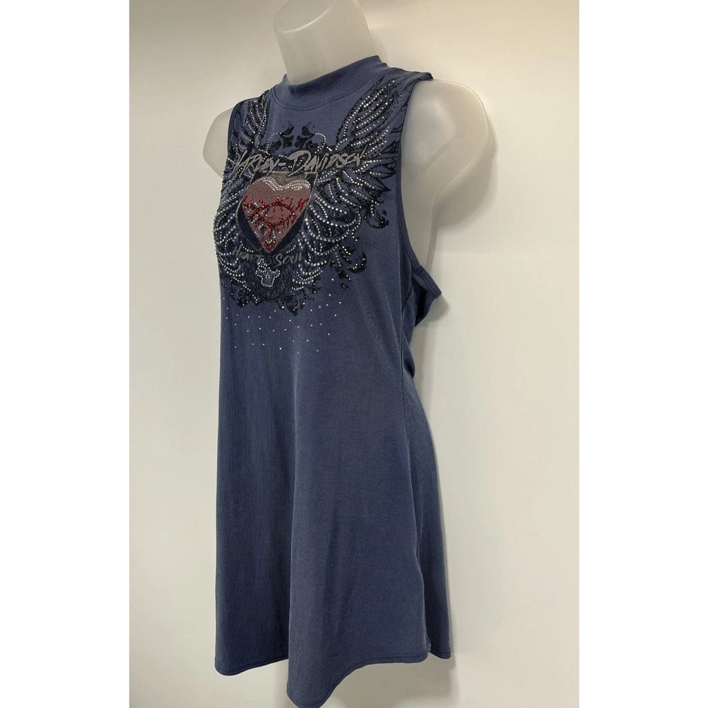 Harley Davidson Tunic Blue Embellished Rhinestones Heart And Soul Graphic Size M