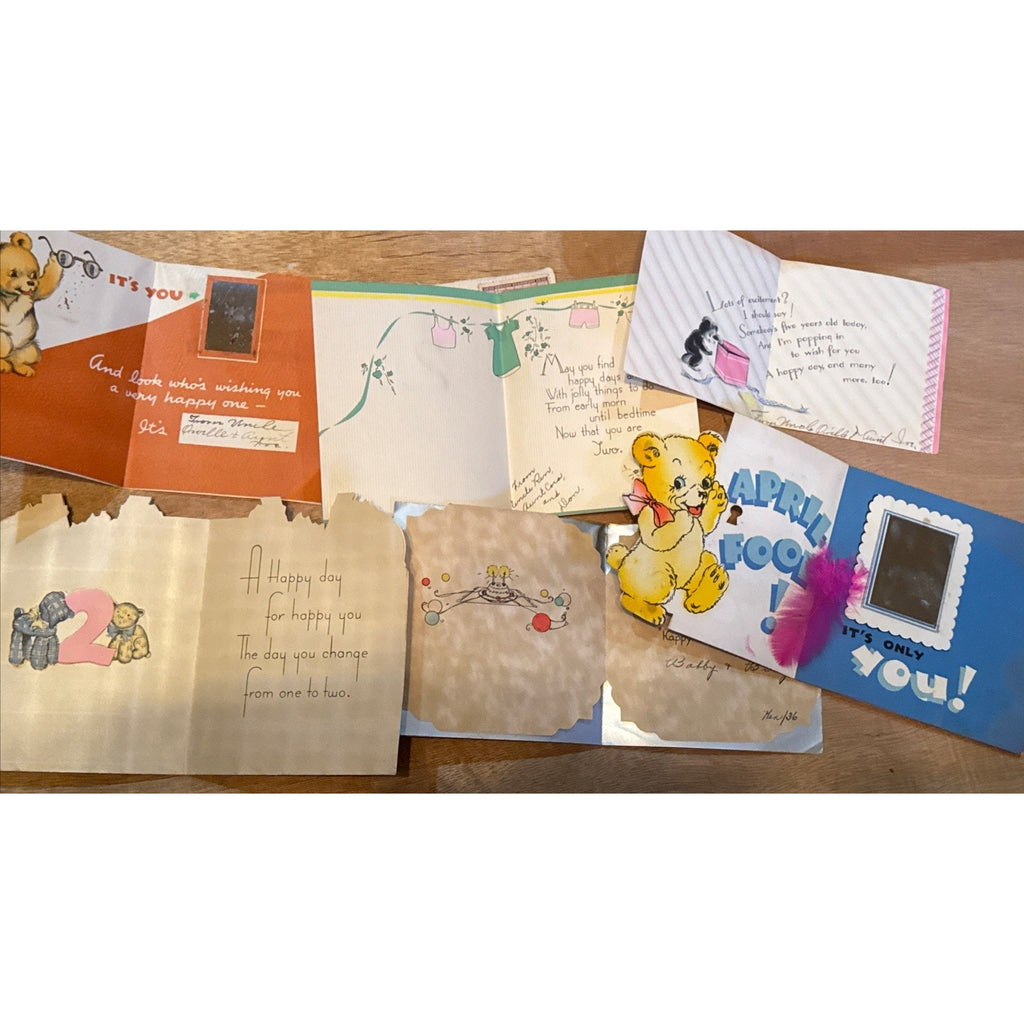 Lot of 6 Vintage Children's Birthday Cards, 1930’s, Animals Children, Used