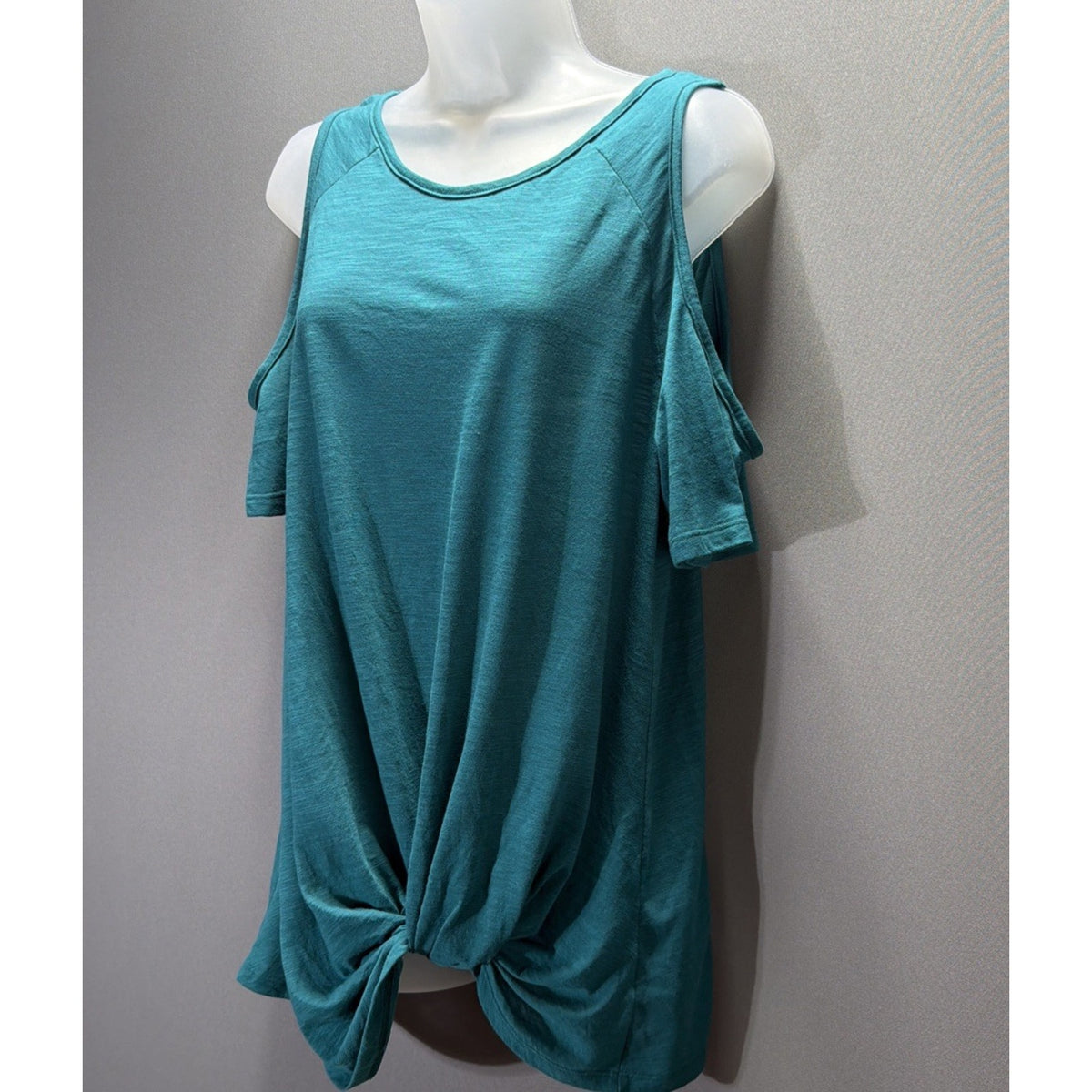 Umgee Teal Cold Shoulder Ruffle Sleeve Blouse M Tie Front Scoop Neck