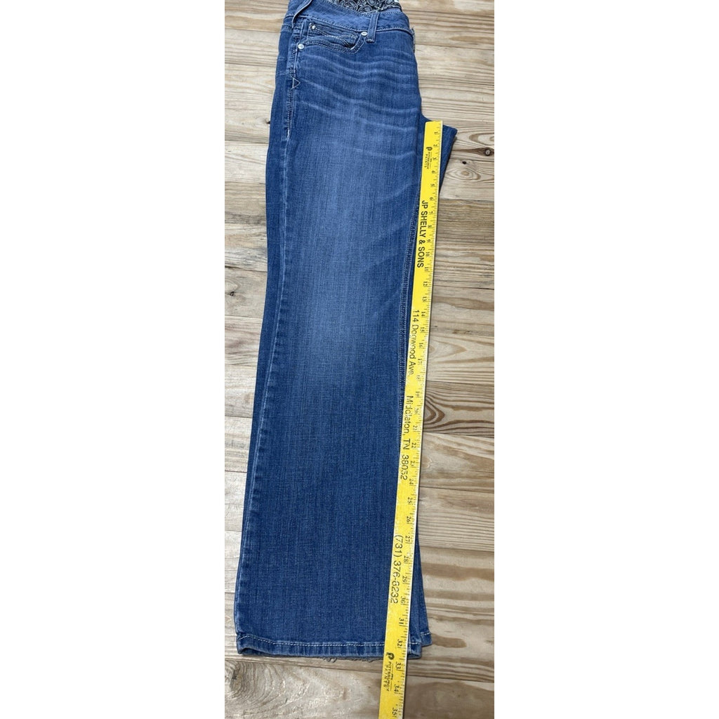ARIAT REAL DENIM WOMENS SIZE 31 R SHORT BOOTCUT BLUE JEANS LOW RISE WHITE STITCH