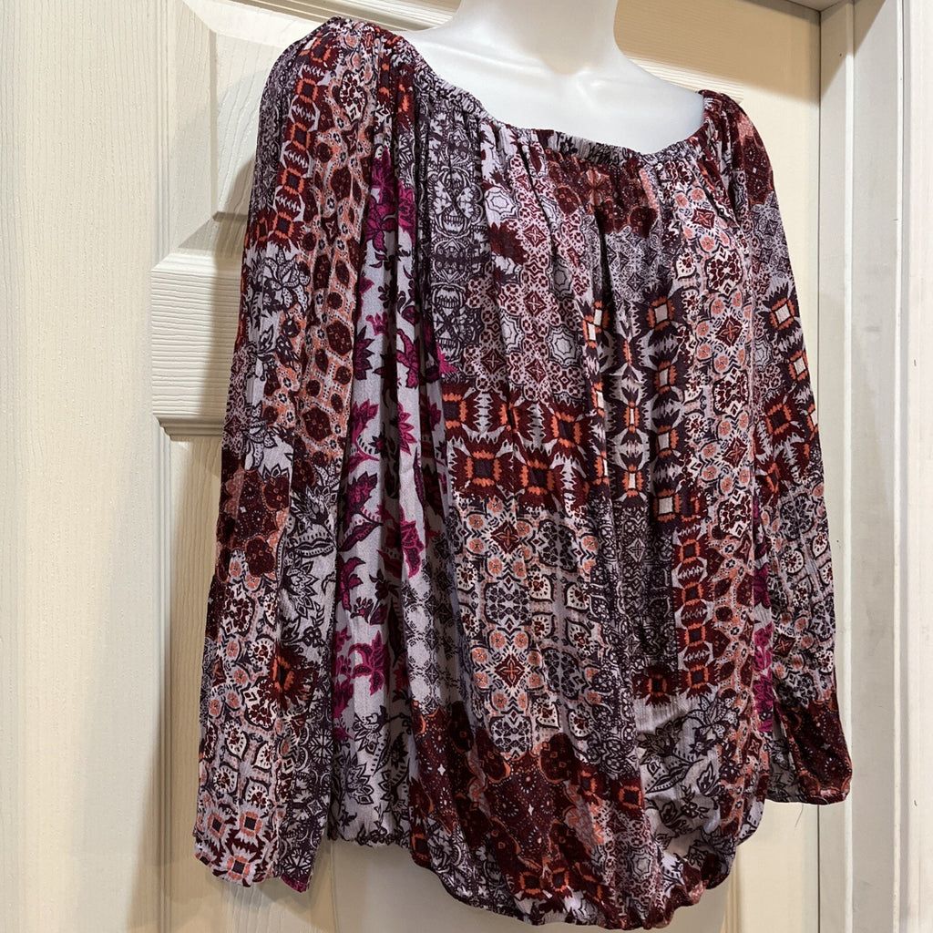 Knox Rose Shirt Women XL Maroon LongSleeve Boho Bohemian Bell Sleeve Crop