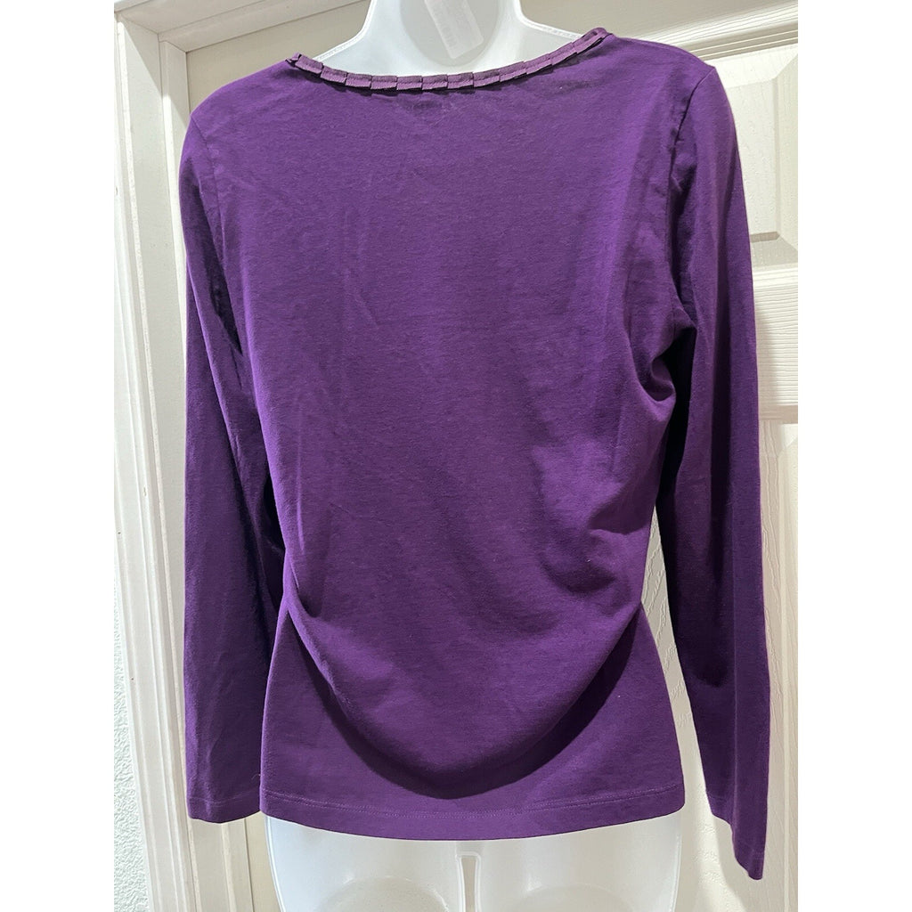 St Johns Bay Womens Purple Solid Long Sleeve Shirt Size Small Pleated Collar