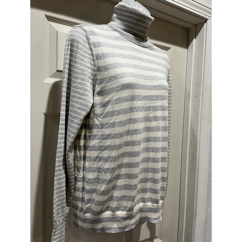 Banana Republic Cotton & Cashmere White Gray Striped Turtleneck Sweater L