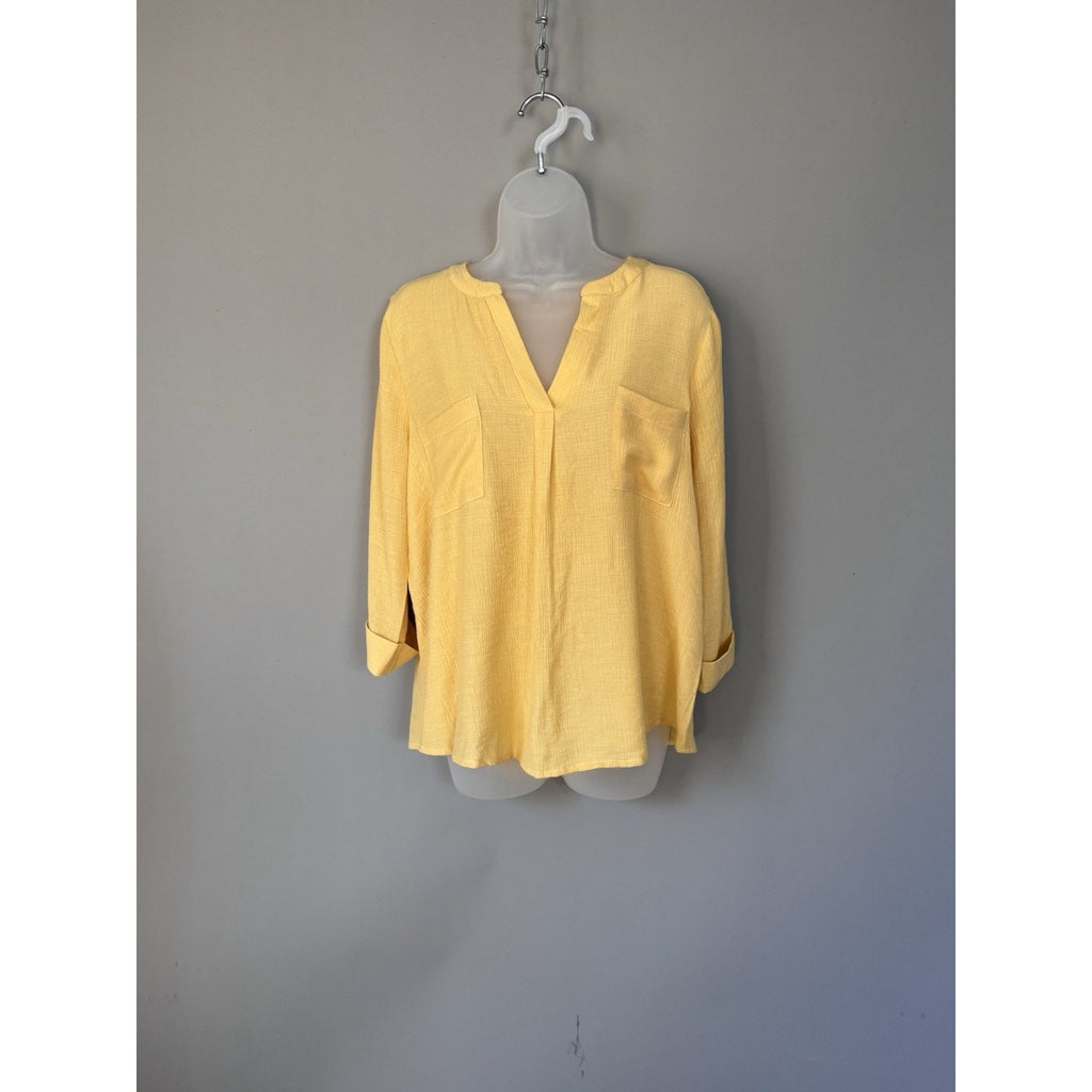 The Bee Notch V-Neck Ribbed Yellow Roll Sleeve Button Back New Women’s Large