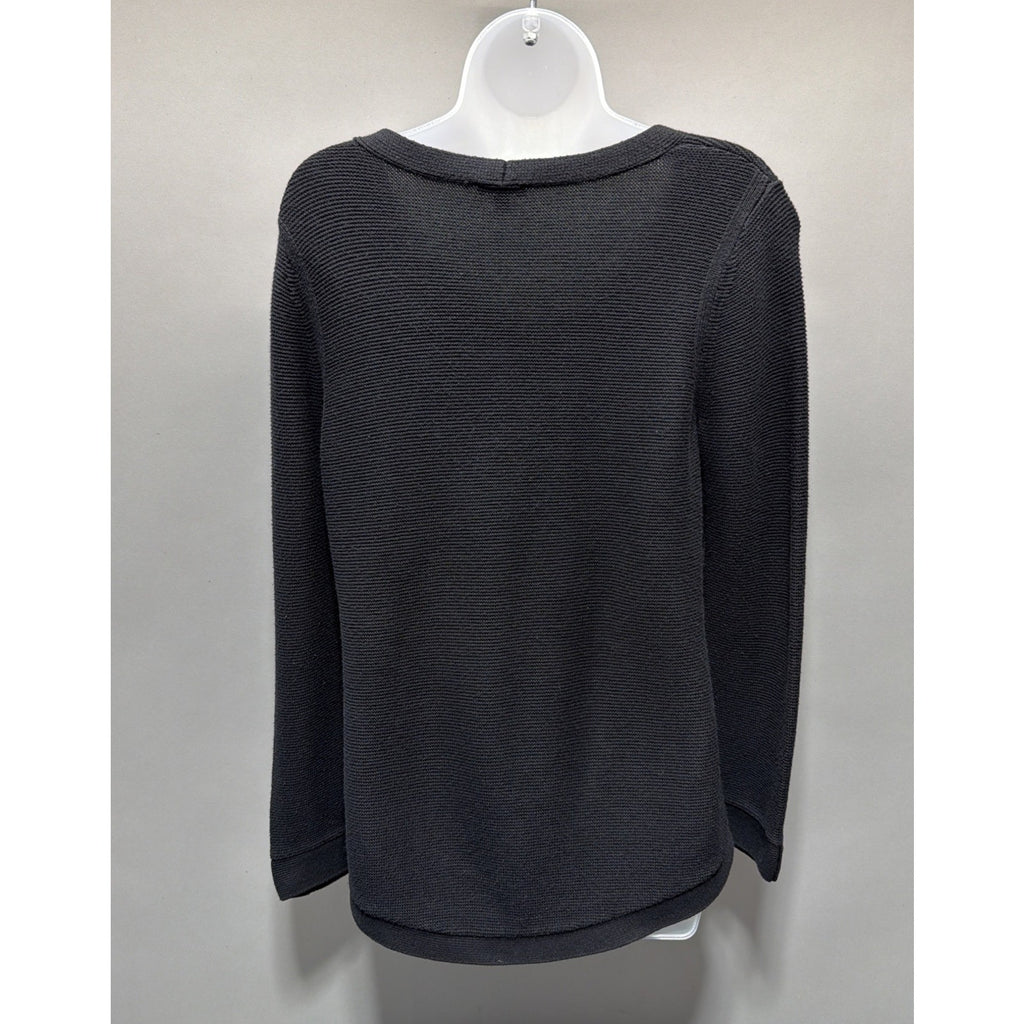 Talbots Waffle Knit Sweater Womens Medium Petite Black VNeck Minimalist