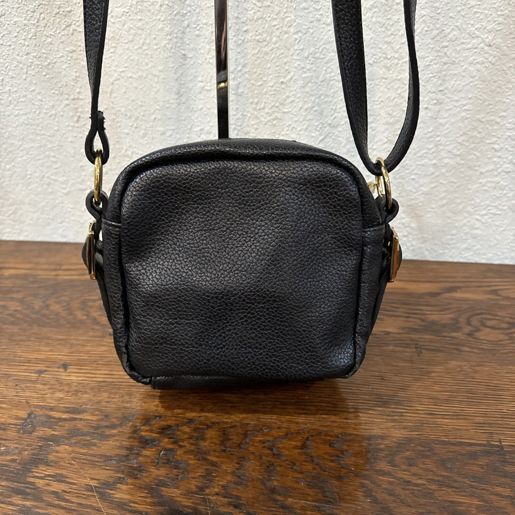 Mixed Bag Designs Black Leather Crossbody Bag Gold Finials Long Strap 7"