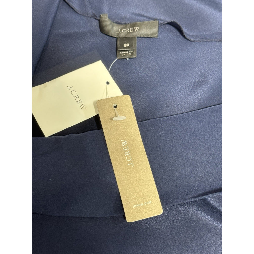 NWT J.Crew 100% Silk Draped Tie Neck Blouse Blue Long Sleeve Petite 8P Career