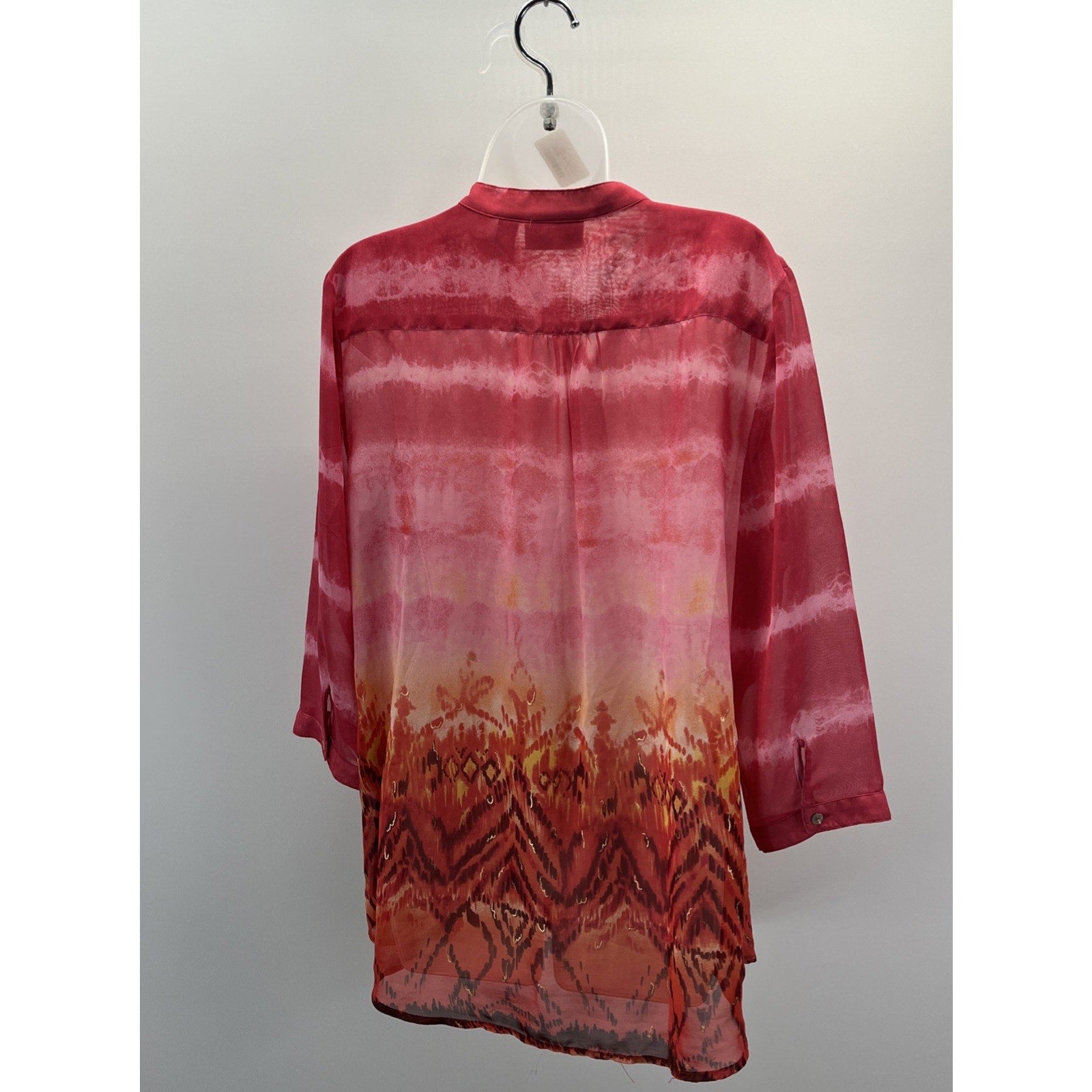 Chico's Top 2 Women's Small Pink Orange Red Sheer 3/4 Sleeve Blouse Button-Up