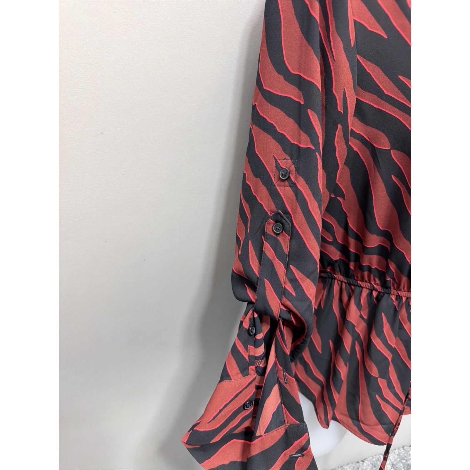 Express Red Zebra Animal Print Zip Front Tie Waist Blouse Size XS Career