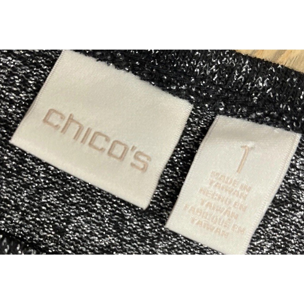 Chico's Womens Metallic Faux Leather Trim Blouse Size 1 Black Long Sleeve