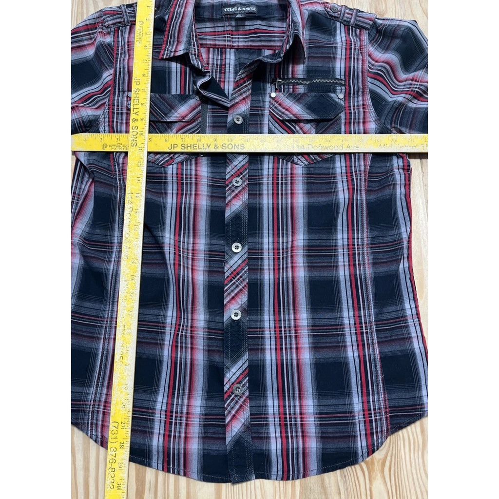 Rebel Soul Western Red Plaid Shirt Large Black Button Up Short Sleeve Mens