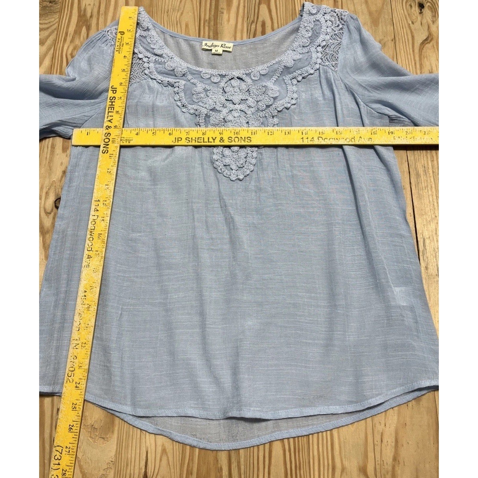 Indigo Rose M Blue Long Balloon Sleeve Crochet Lace Floral Embroidered Top