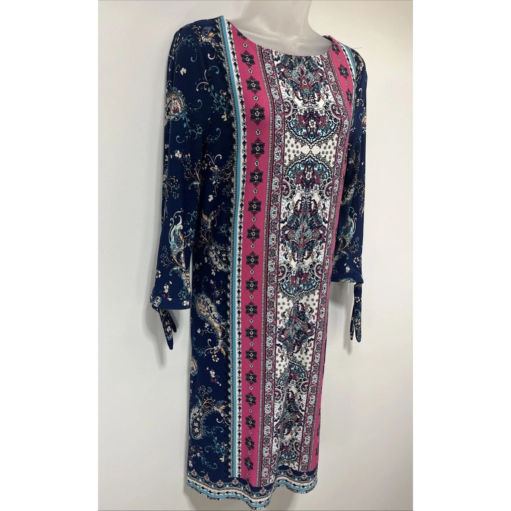 Chico’s Medallion Print Tie 3/4 Sleeve Lined Stretch Dress Size 1 (US Size 8)