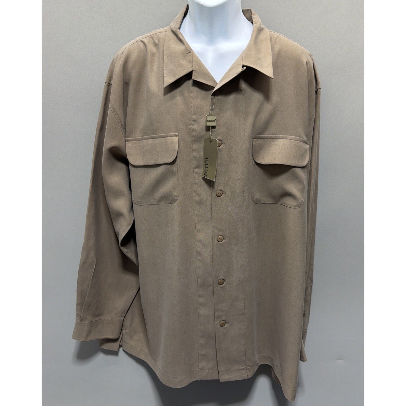 Tulliano 100% Silk Taupe Button Front Shirt Menswear 3XL Luxury Pocket NWT