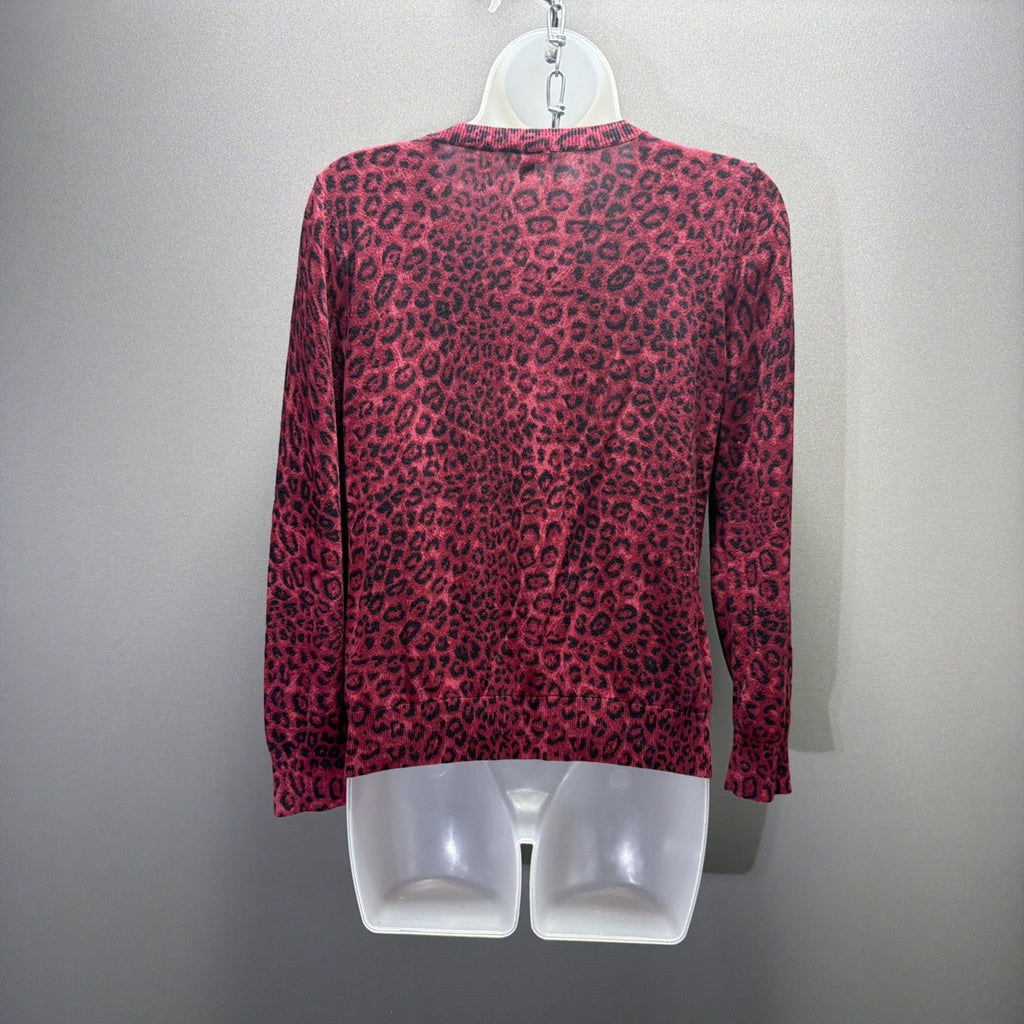 TALBOTS Cardigan Womens LP Burgundy Black Leopard Print Cotton Long Sleeve