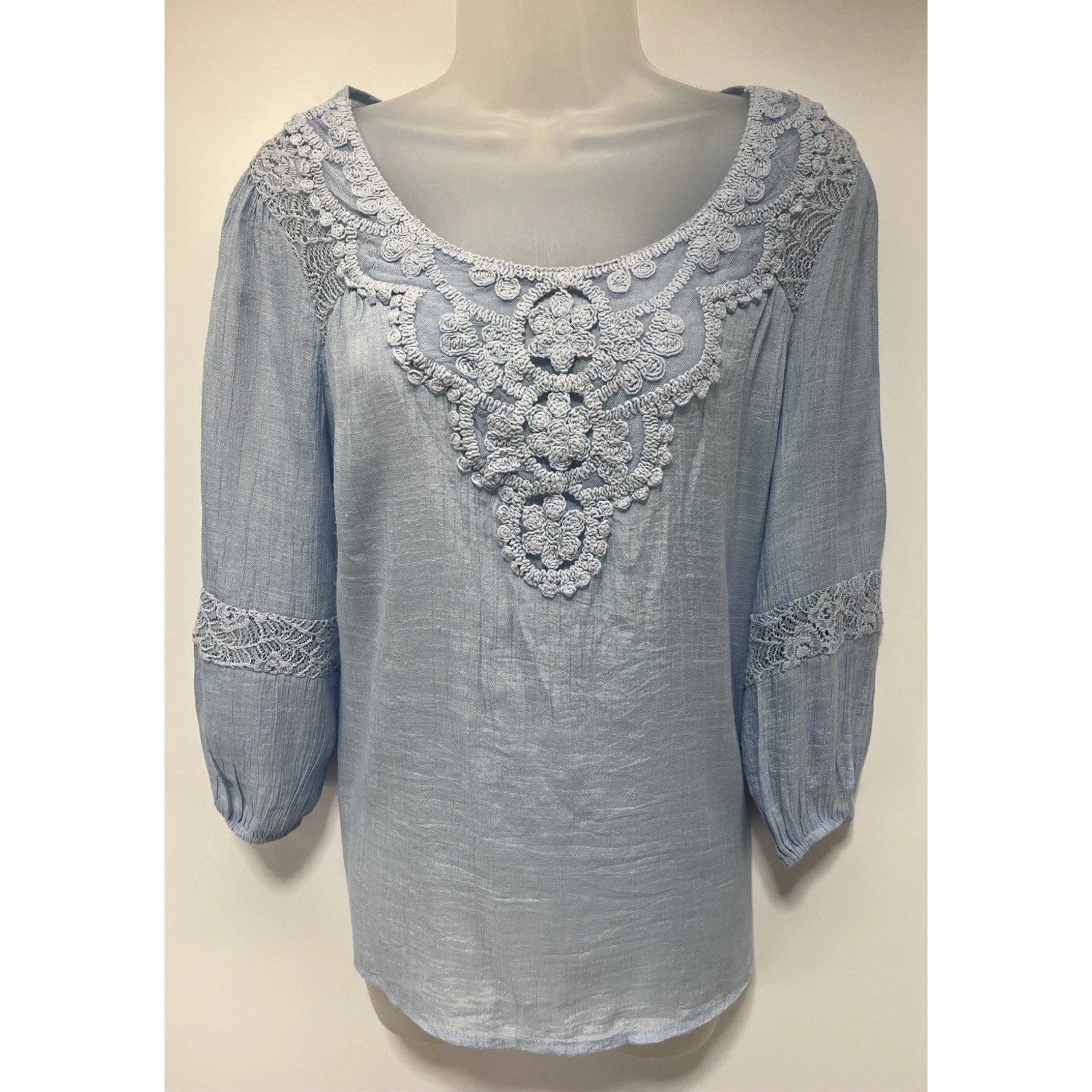 Indigo Rose M Blue Long Balloon Sleeve Crochet Lace Floral Embroidered Top