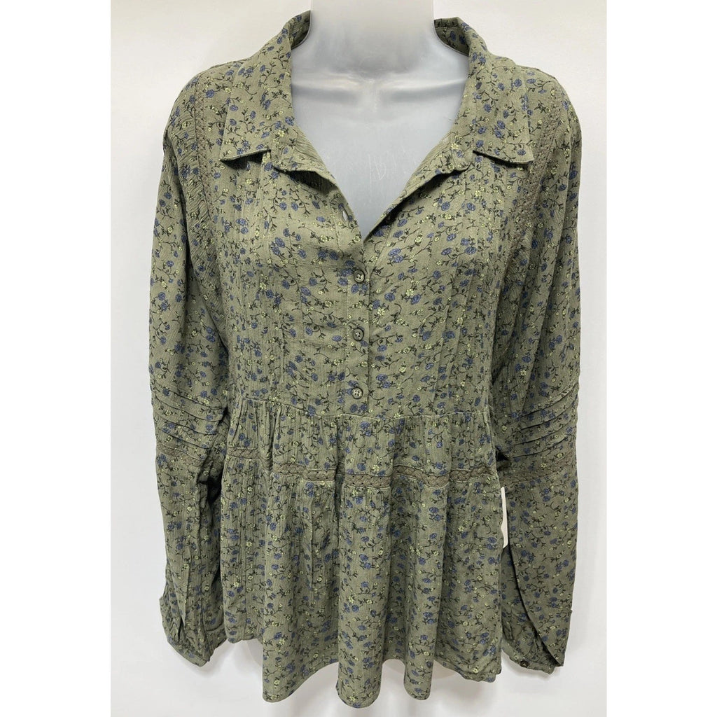 NWT Lucky Brand Blouse - Floral Print Boho Flowy Lace Trim Green Blouse -Size M