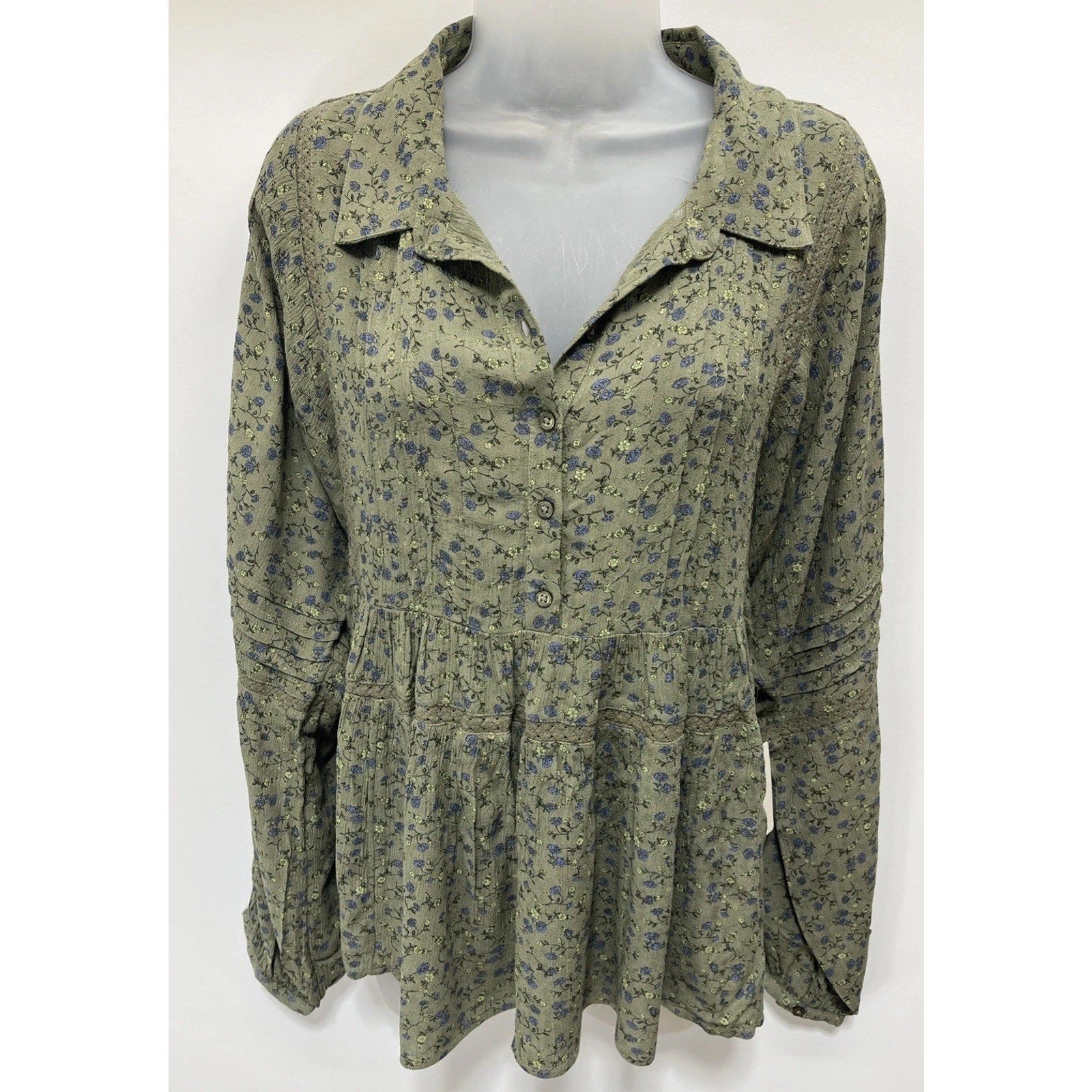 NWT Lucky Brand Blouse - Floral Print Boho Flowy Lace Trim Green Blouse -Size M