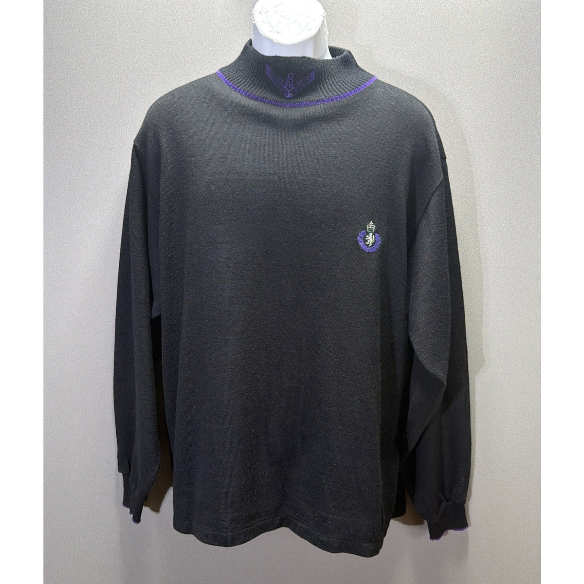 Vintage David Michaels Mens L Wool Blend Long Sleeve Sweater Crest Logo Black