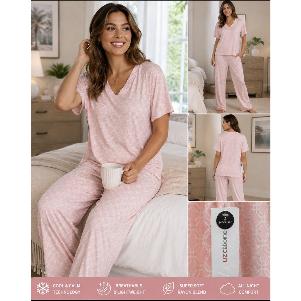 NWT Liz Claiborne Pink Geometric Pajama Set Large Cool & Calm Sleepwear 2PC