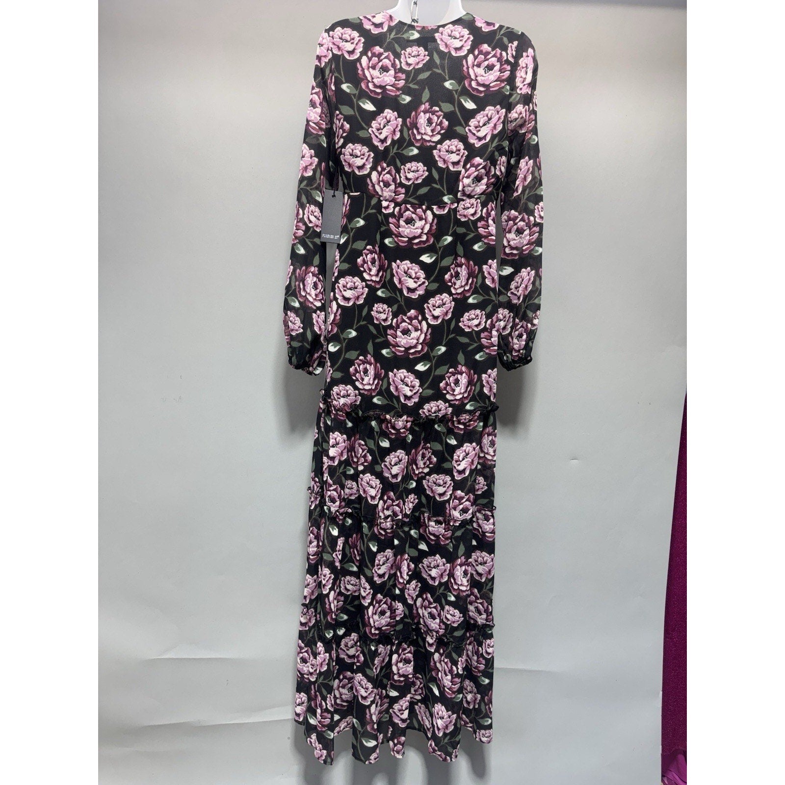NWT Forever 21 Floral Maxi Dress Womens Small Black Pink Long Sleeve Cottagecore