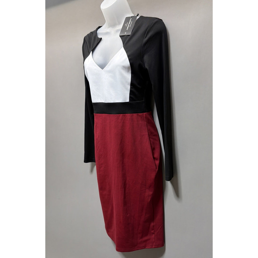 New LUNAJANY Black White Red Colorblock Bodycon V-Neck Long Sleeve Knee Dress M