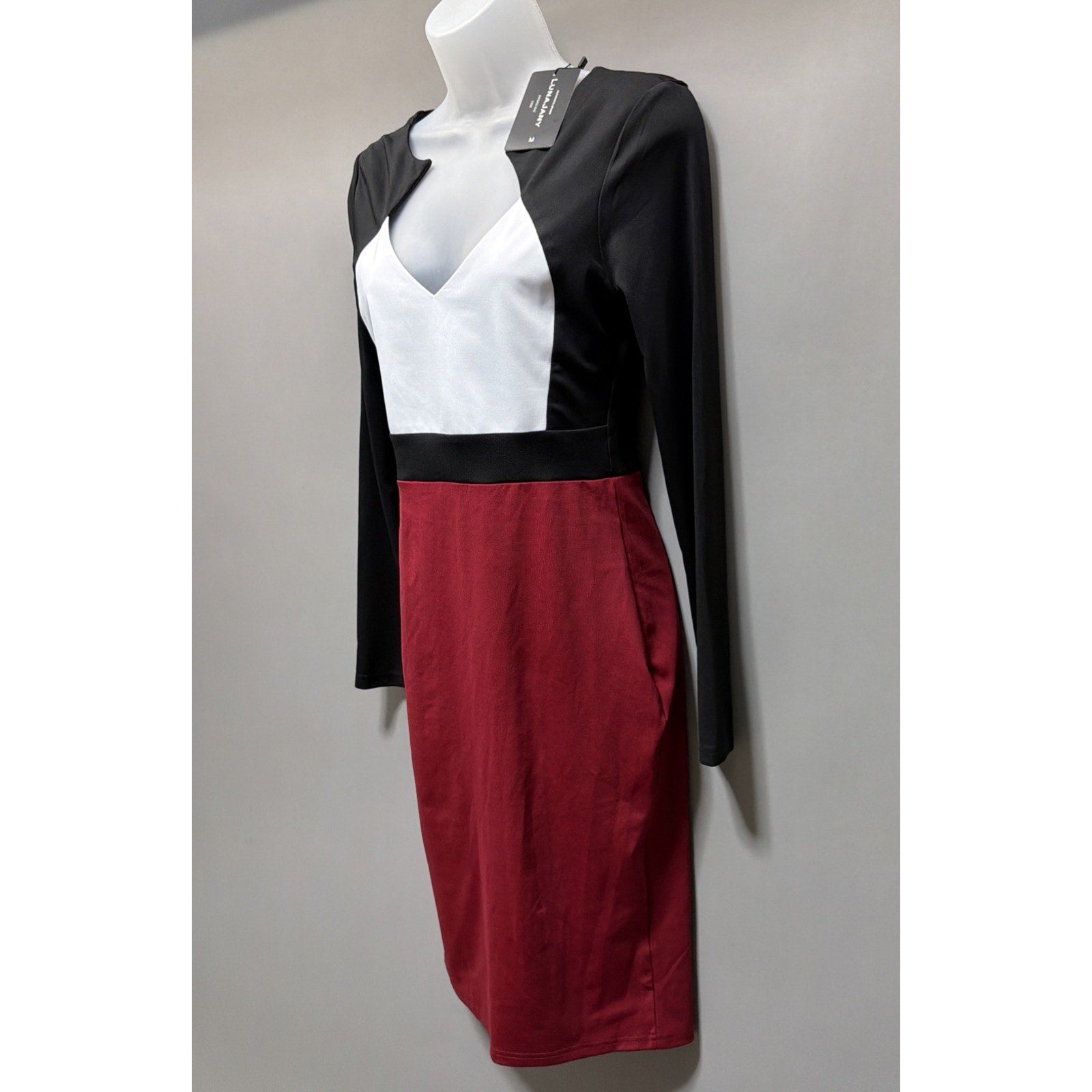 New LUNAJANY Black White Red Colorblock Bodycon V-Neck Long Sleeve Knee Dress M