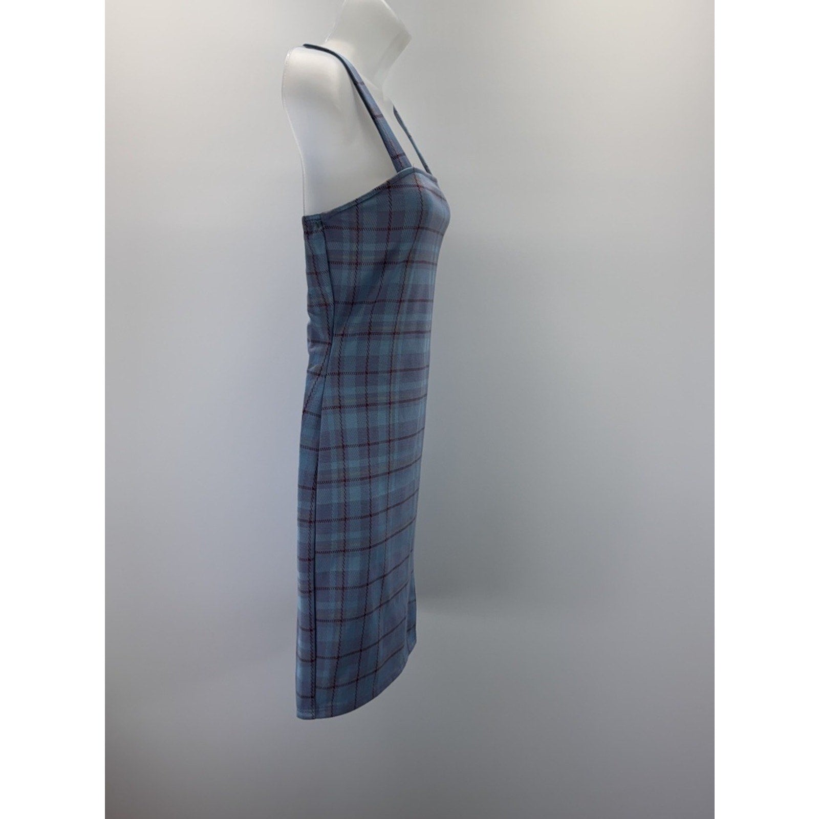 Y2K Just Polly - Rue 21 Blue Plaid Short Slit Leg Dress Size X-Small Stretch NWT