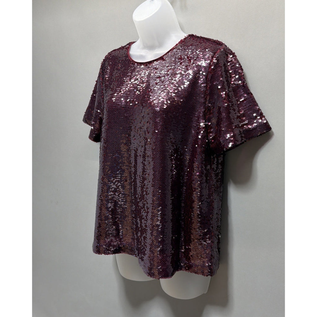 NWT Ann Taylor size Medium burgundy Lined sequined short sleeve top $129