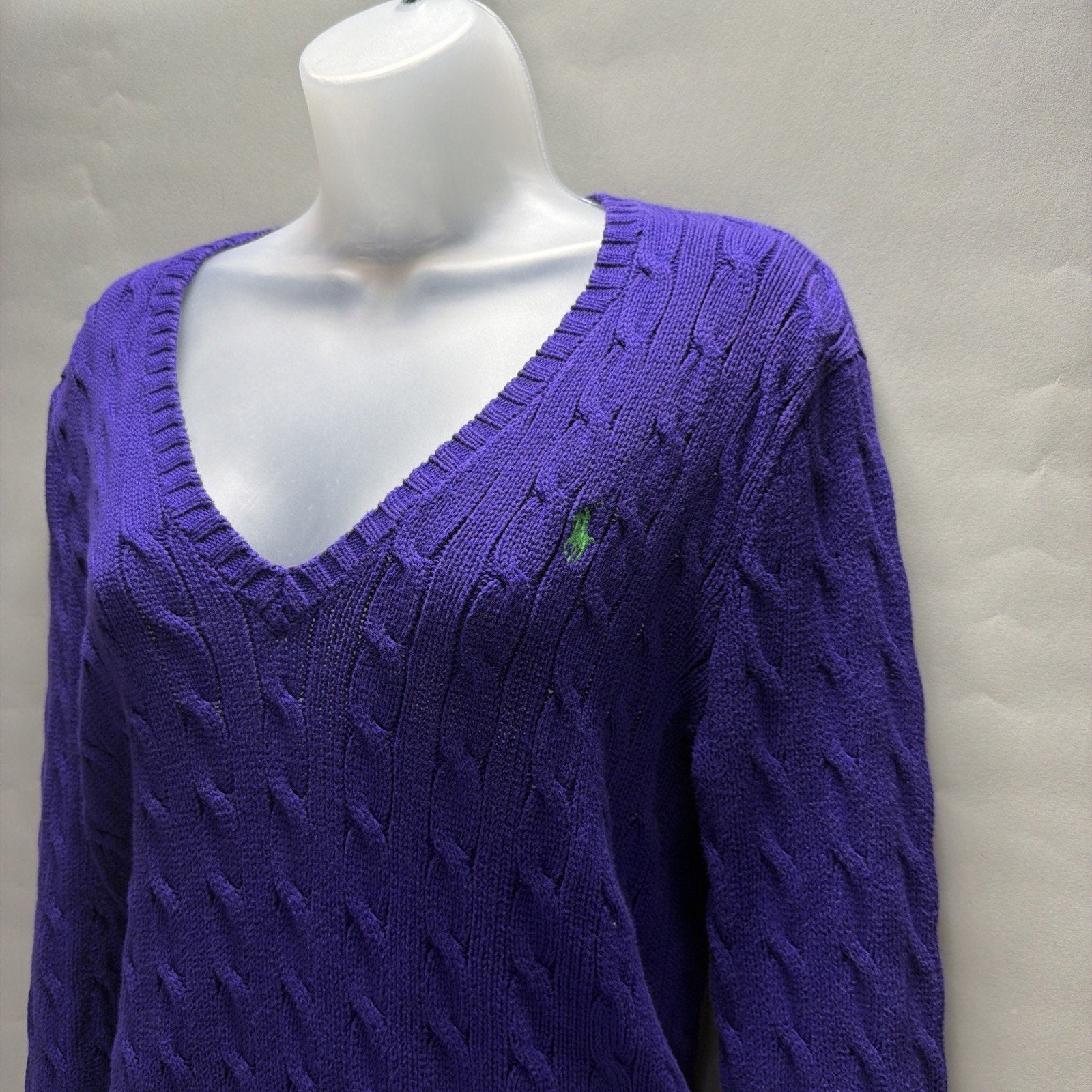 Ralph Lauren Sport Womens Large Purple Cable Knit V Neck Cotton Sweater Pony