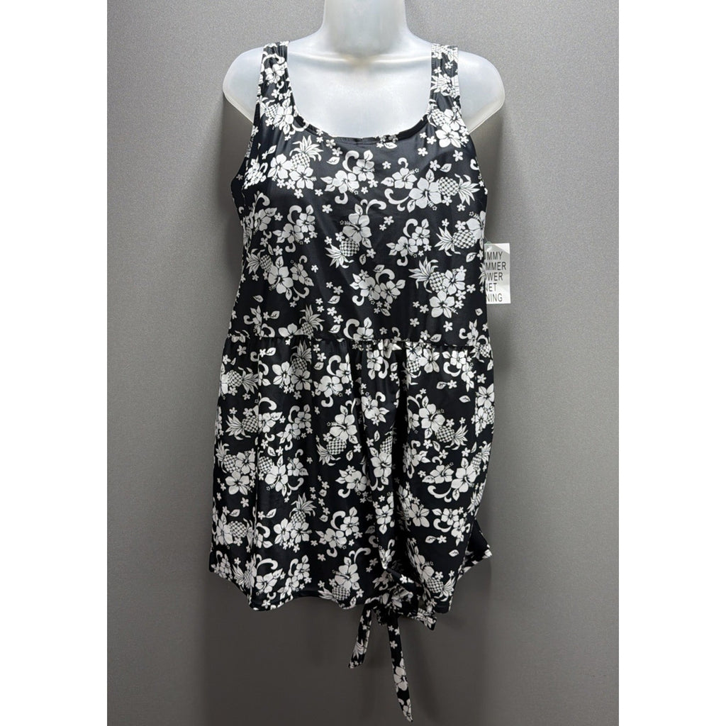 Blair Swimsuit 24W One Pc Romper Black White Tie Waist Built In Bra Brief NWT