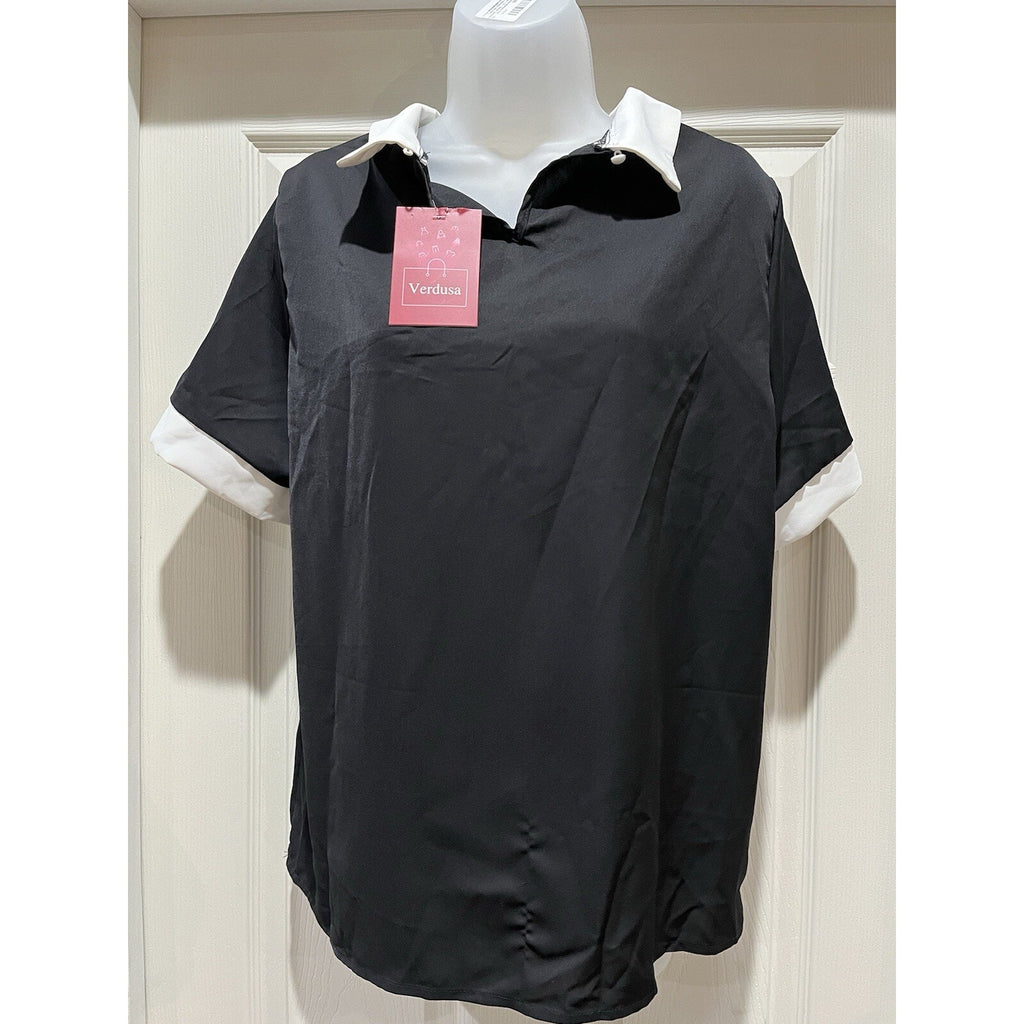 Verdusa Women’s L Black White Contrast Collar Short Sleeve Blouse Top NWT