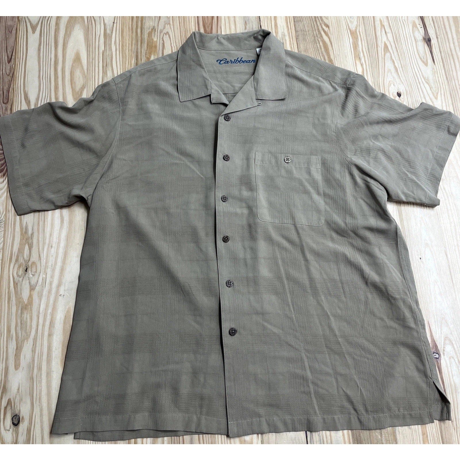Caribbean Men's Green Palm Tree 100% Silk Button Down Collared Shirt Size XL