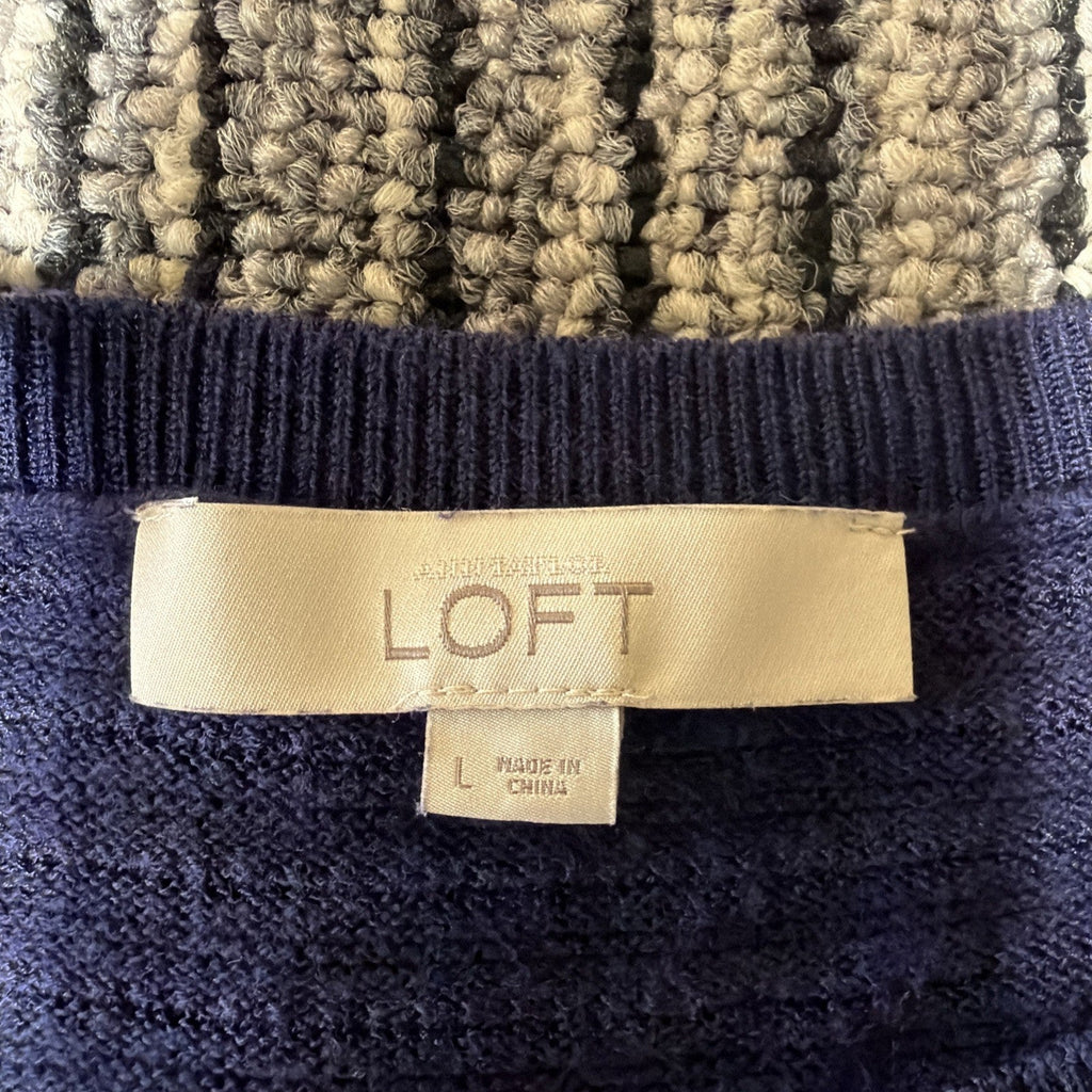LOFT NAVY BLUE TEXTURED KNIT CLASSIC 3/4 SLEEVES CAREER SWEATER SZ: L